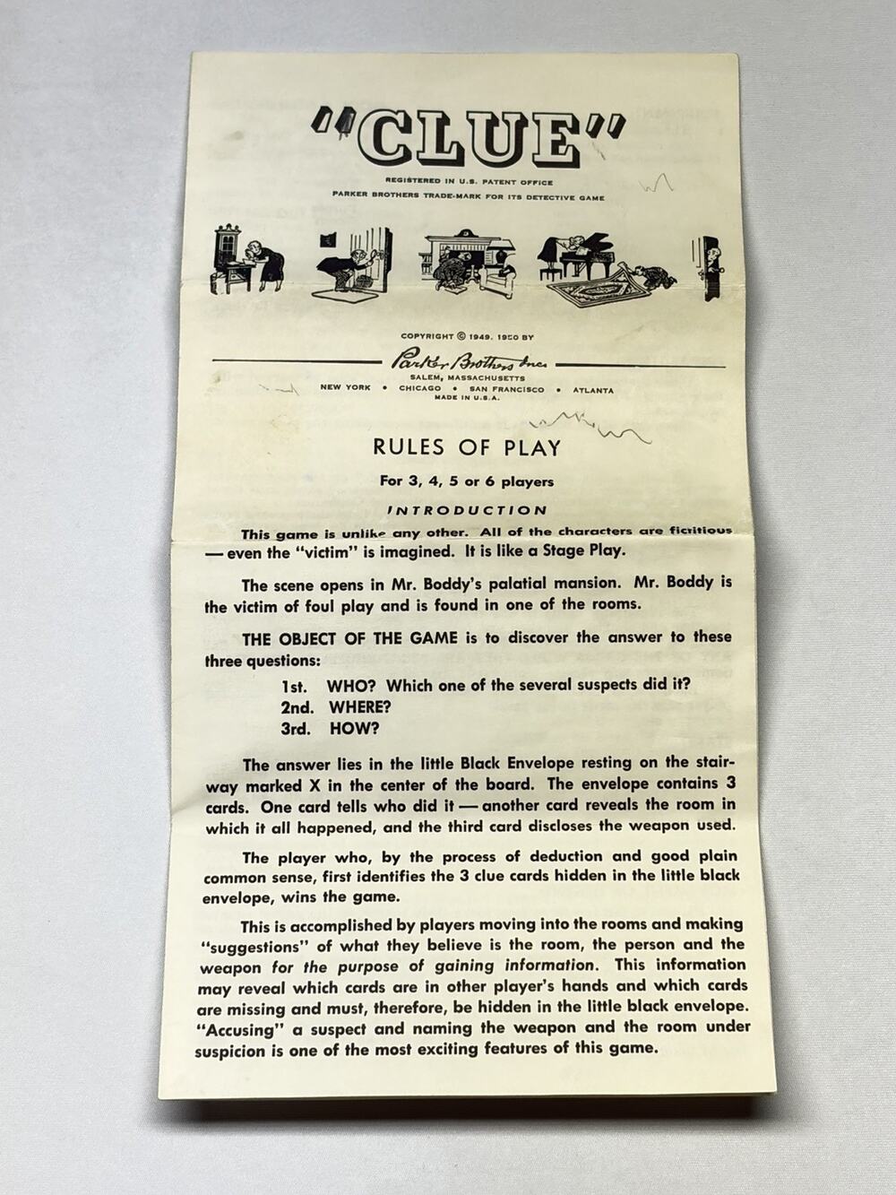 Vintage 1949 1950 Clue Board Game Rules Instructions Parker Brothers Original